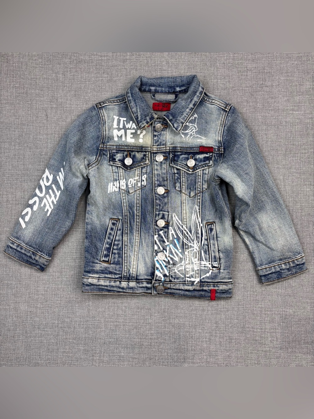 Kids Blue Washed Denim Jacket with Graphic Print